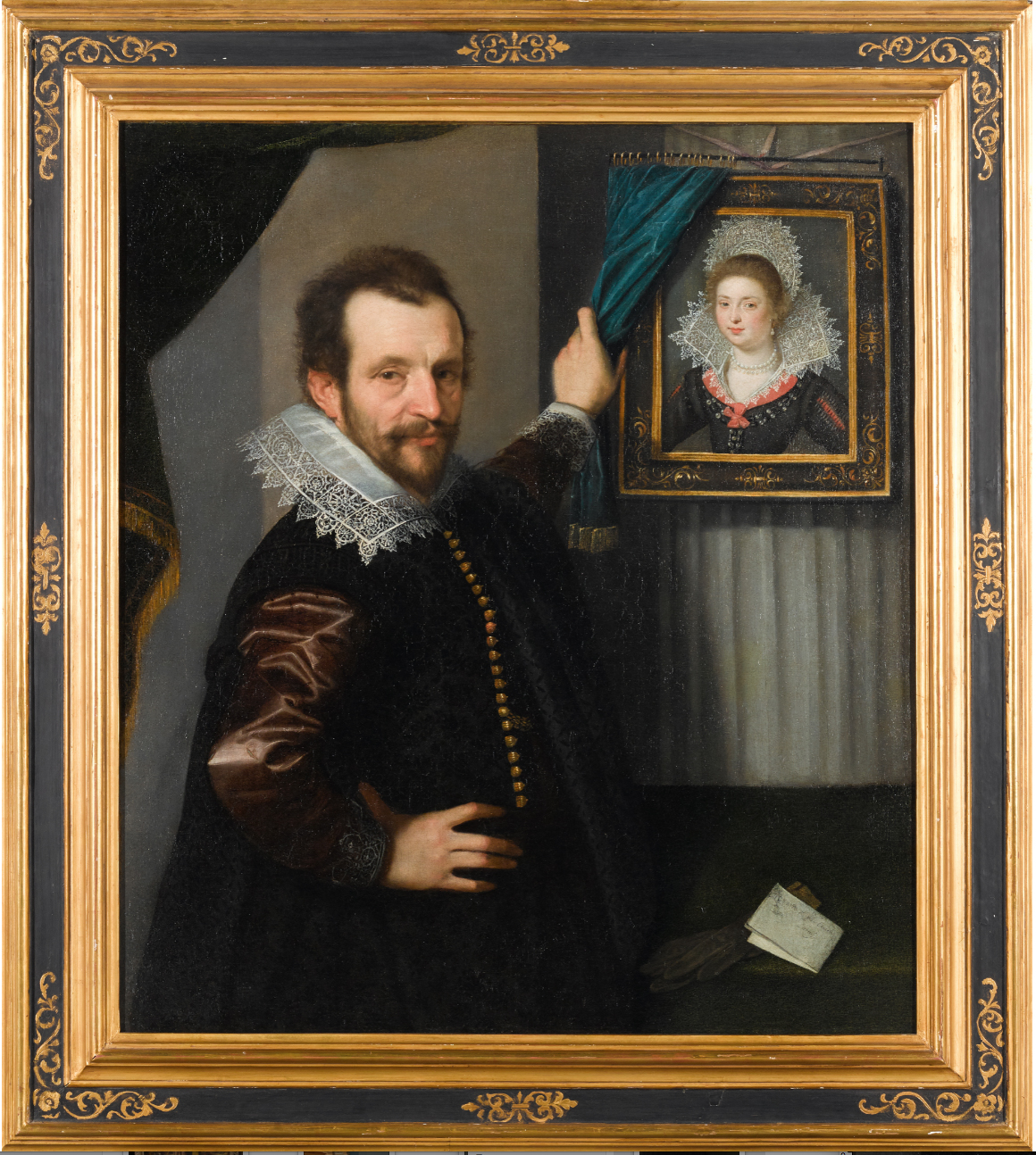 45A ItaloFlemish School Portrait of gentleman beside a framed portrait of a lady C17 o c 104x91.1cm Sothebys 8Apr2020 Lot 9 Old frame + inlay + refinished Query
